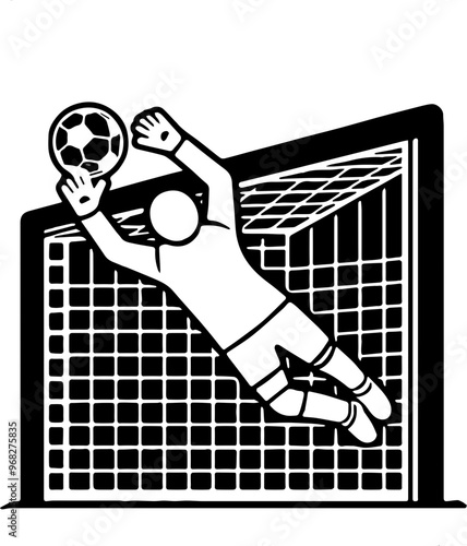 white icon depicting a soccer goalkeeper jumping to catch the ball in front of a goal with a square net