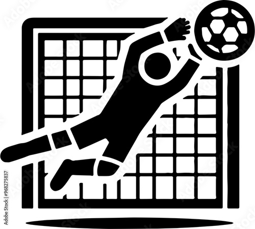 white icon depicting a soccer goalkeeper jumping to catch the ball in front of a goal with a square net