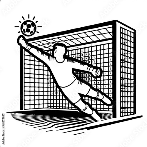white icon depicting a soccer goalkeeper jumping to catch the ball in front of a goal with a square net
