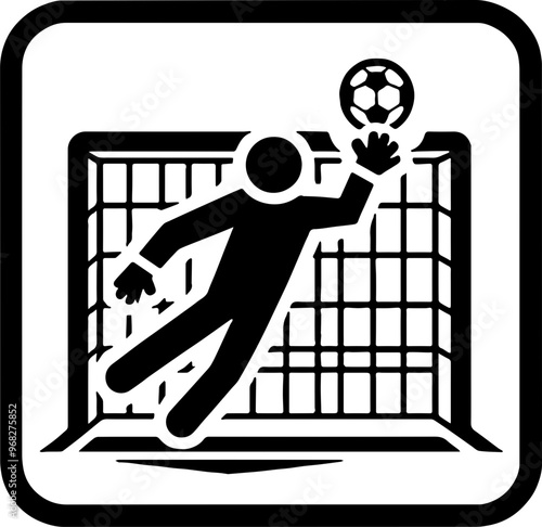 white icon depicting a soccer goalkeeper jumping to catch the ball in front of a goal with a square net