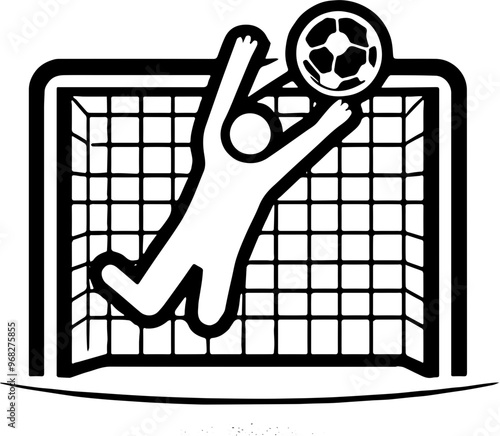 white icon depicting a soccer goalkeeper jumping to catch the ball in front of a goal with a square net
