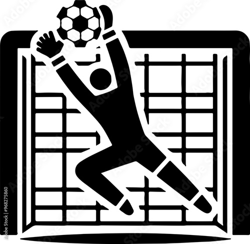white icon depicting a soccer goalkeeper jumping to catch the ball in front of a goal with a square net