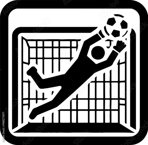 white icon depicting a soccer goalkeeper jumping to catch the ball in front of a goal with a square net