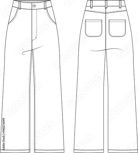 high rise high waist mid rise mid waist fit wide leg pant trouser denim jean template technical drawing flat sketch cad mockup fashion woman design style model
