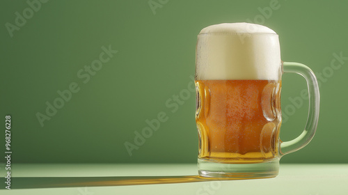 a beer stein filled with golden lager with a frothy white head against an isolated soft green background