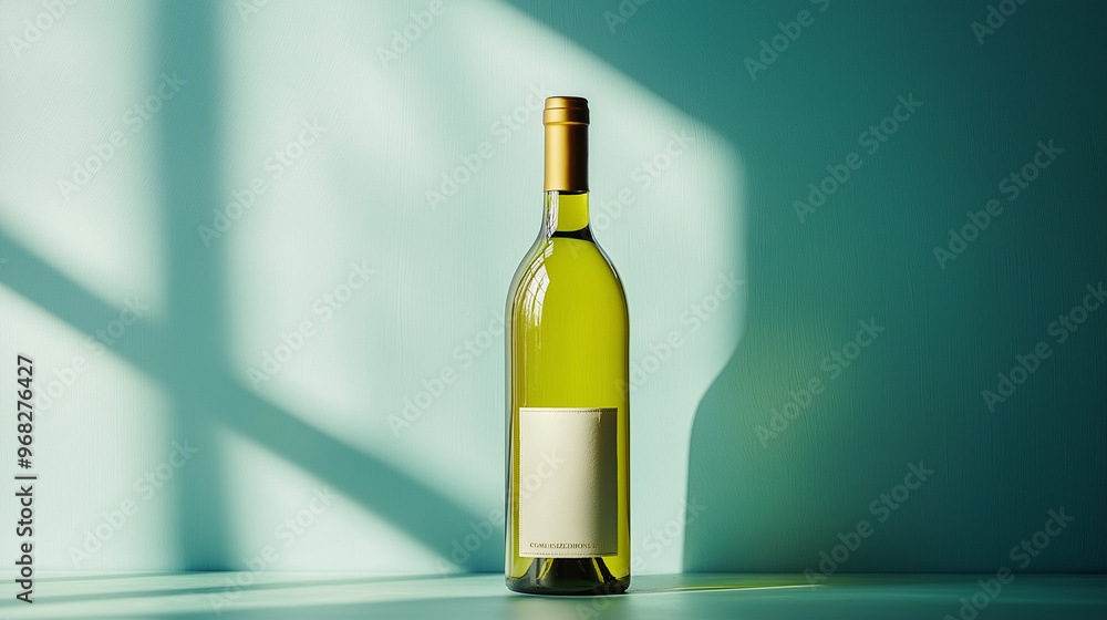 a bottle of chenin blanc with a classic label and cork against an isolated soft blue background a bottle of chenin blanc with a classic label and cork against an isolated soft blue background