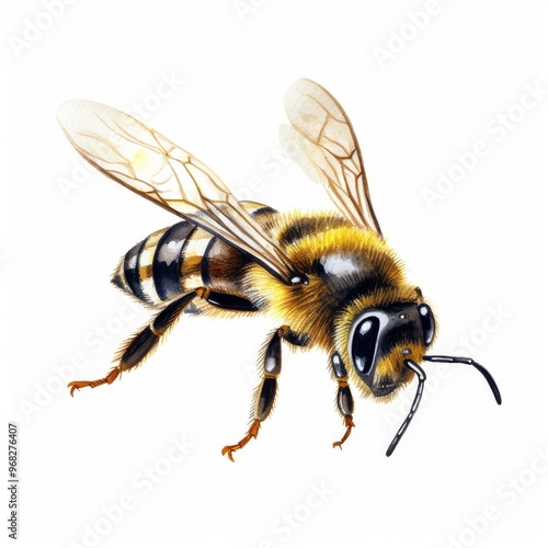 Detailed Illustration of a Honeybee with Transparent Wings and Yellow Stripes on White Background - Ideal for Educational and Botanical Uses