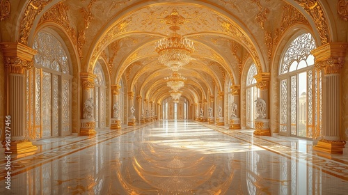 Golden Hallway With Statues and Chandeliers in a Grand Palace 