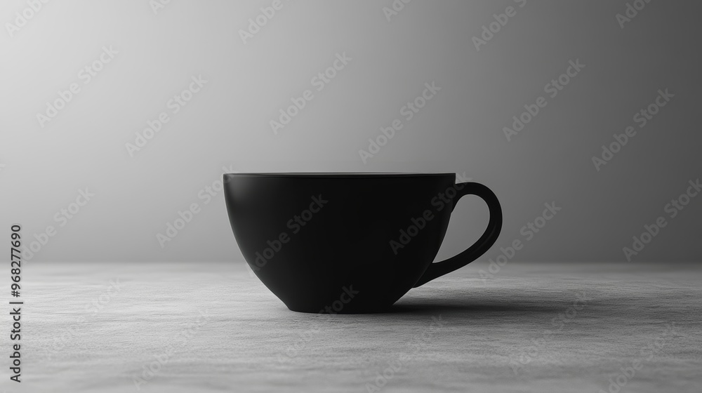 A sleek black cup elegantly resting on a textured surface, showcasing minimalist design in an artistic monochrome setting.