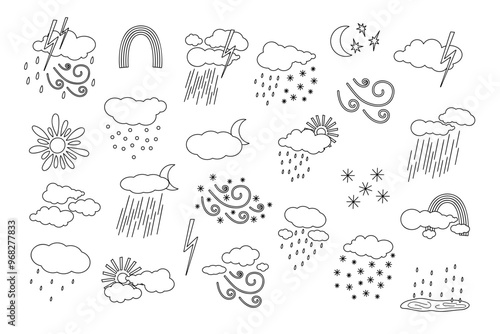 Weather elements set sun, wind, rain, fog, clouds cute hand drawn doodle minimalist outline vector illustration, simple symbol to describe weather, environment, climate, weather forecast image