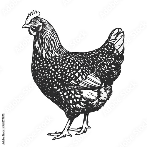 Hen illustration. Chicken. Hen and rooster isolated. Black hen ink illustration isolated on white. Vintage retro print sketch of chicken. Black and white hen silhouette. photo