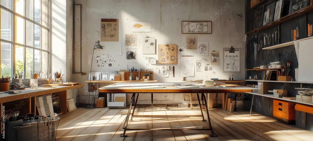 An empty creative workspace, with drafting tables, art supplies, and mood boards An empty creative workspace, with drafting tables, art supplies, and mood boards