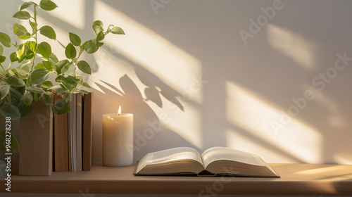 Wallpaper Mural a cozy corner in a cafe with a plant on a wooden shelf and a candle burning with a book lying open on the table against an isolated white background Torontodigital.ca