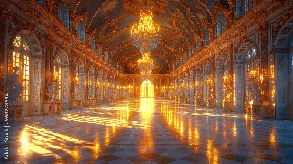 Golden Hallway With Statues and Chandeliers in a Grand Palace Golden Hallway With Statues and Chandeliers in a Grand Palace
