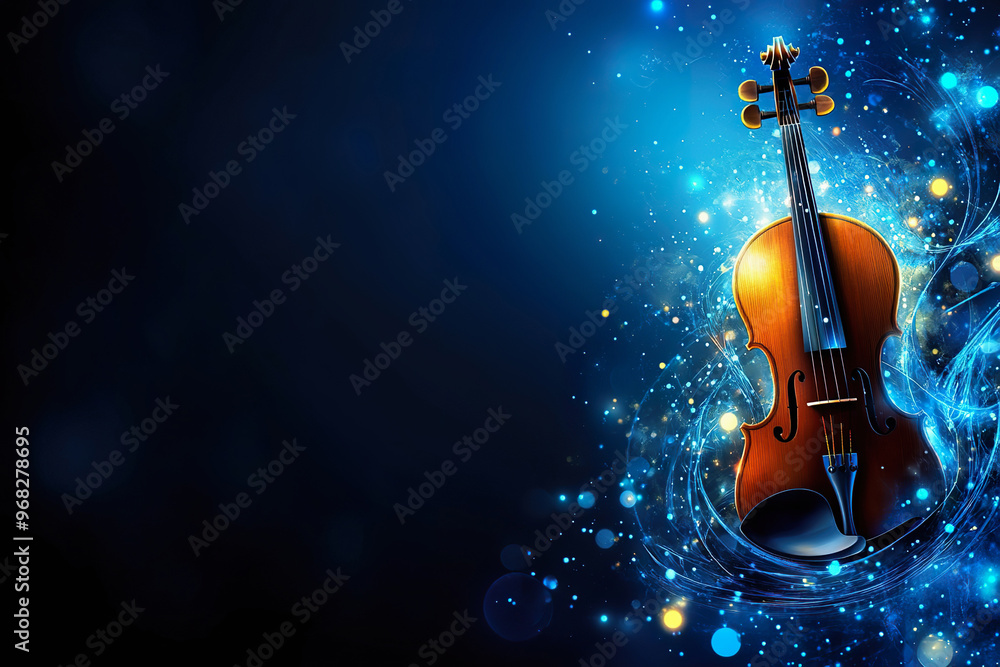 Fototapeta premium violin surrounded by luminous musical notes, blue backdrop, copy space