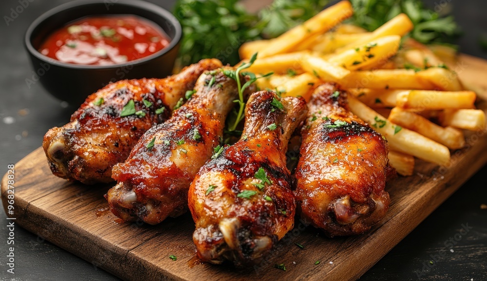 Grilled Chicken Legs and French Fries on a Wooden Board Grilled Chicken Legs and French Fries on a Wooden Board