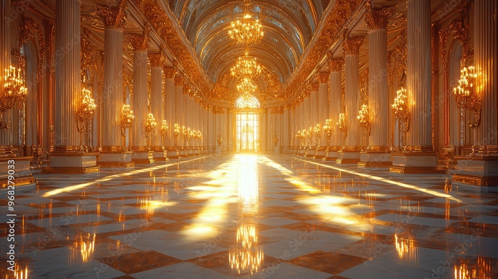 Golden Hallway With Statues and Chandeliers in a Grand Palace Golden Hallway With Statues and Chandeliers in a Grand Palace