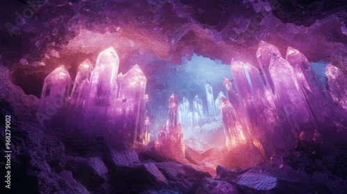 A stunning cave scene featuring vivid, luminous crystals in hues of purple and pink, creating an enchanting atmosphere.