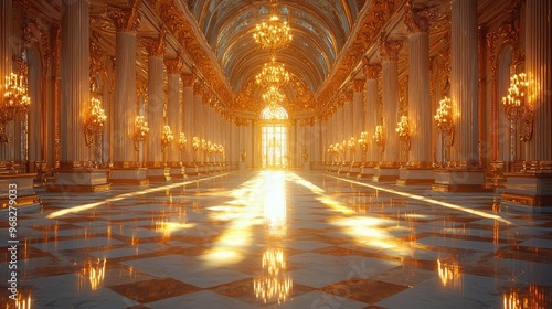 Wallpaper Mural Golden Hallway With Statues and Chandeliers in a Grand Palace  Torontodigital.ca