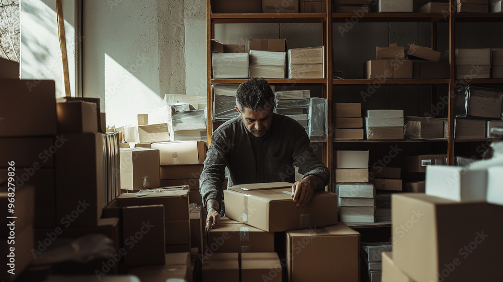 a man sorting through boxes in a garage, surrounded by items with a focused expression against an isolated white background a man sorting through boxes in a garage, surrounded by items with a focused expression against an isolated white background