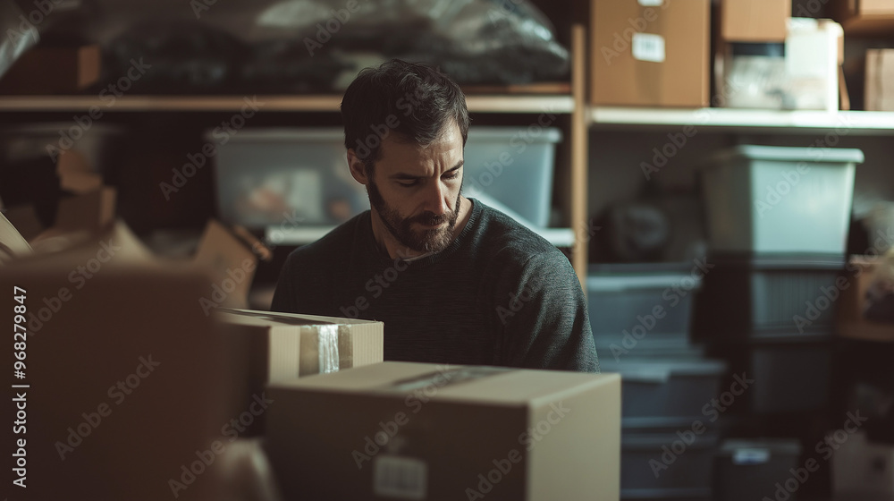 a man sorting through boxes in a garage, surrounded by items with a focused expression against an isolated white background a man sorting through boxes in a garage, surrounded by items with a focused expression against an isolated white background