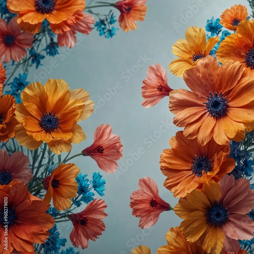 Bright orange, yellow, blue flowers arranged beautifully in frame.