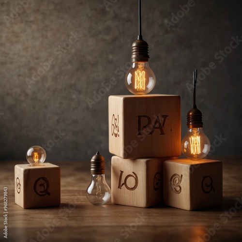 Wooden blocks and vintage light bulbs creating a nostalgic scene. photo