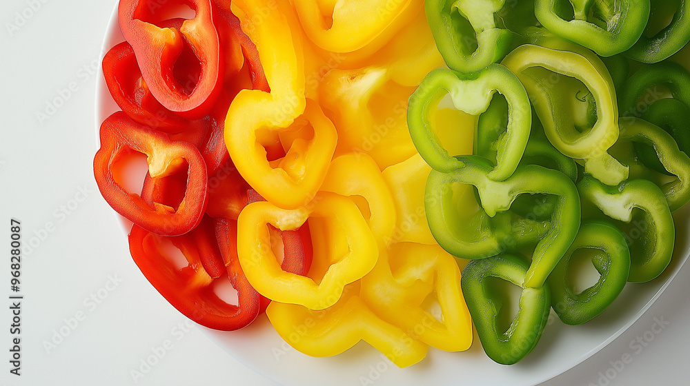 a plate of bell pepper slices in red, yellow, and green against an isolated white background a plate of bell pepper slices in red, yellow, and green against an isolated white background