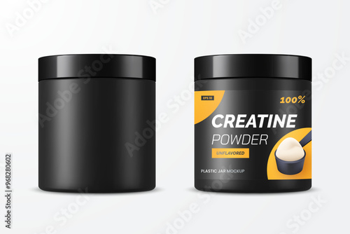 Black creatine powder jar mockup. Blank sports nutrition packaging with place for your label design. Plastic matte cosmetics jar. Realistic 3d style. Isolated on white. Vector illustration.