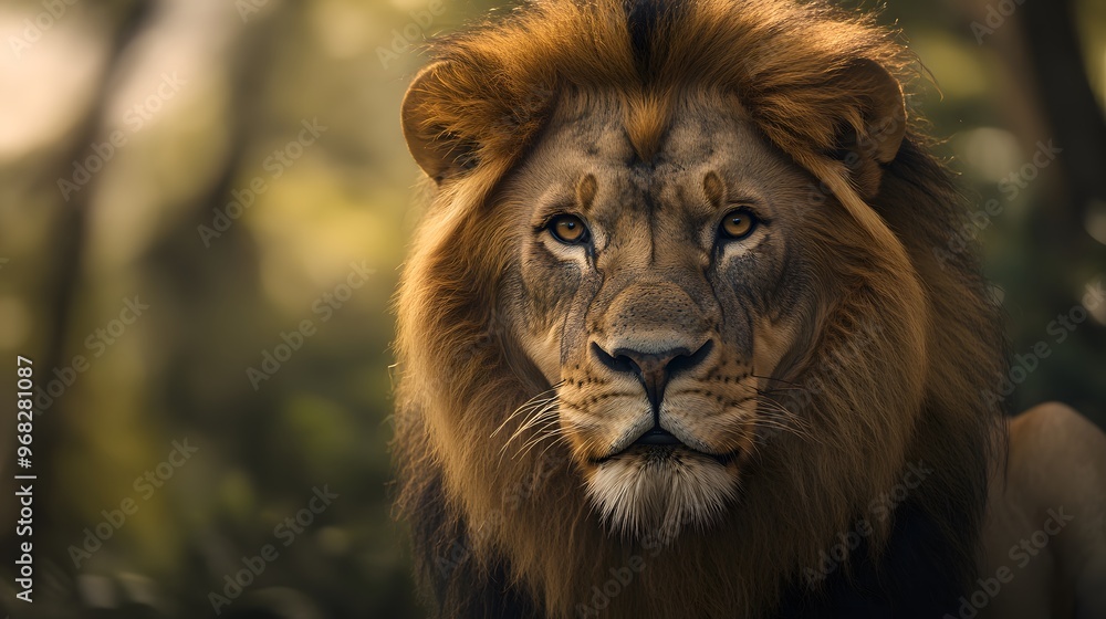 close up powerful lion with a focused, intense gaze and well defined mane, softly blurred tropical forest, bright, natural enhancing the lion s rich colors and textures close up powerful lion with a focused, intense gaze and well defined mane, softly blurred tropical forest, bright, natural enhancing the lion s rich colors and textures