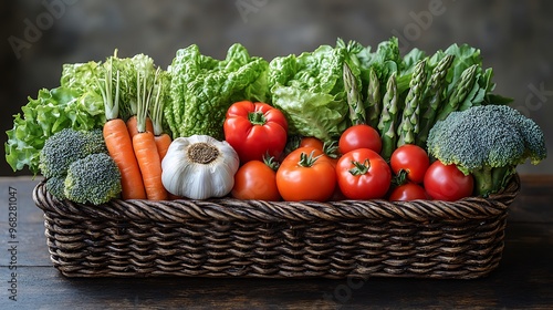 A wicker basket filled with fresh vegetables including lettuce, tomatoes, carrots, asparagus, broccoli, and garlic.