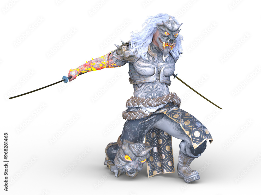 鬼の仮面をかぶった剣士　3DCGレンダリング