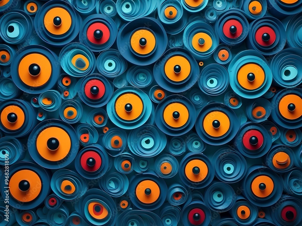 circular shapes with vibrant contrasts of color, blue, orange, and yellow create a playful rhythm, producing an energetic, eye-catching pattern circular shapes with vibrant contrasts of color, blue, orange, and yellow create a playful rhythm, producing an energetic, eye-catching pattern