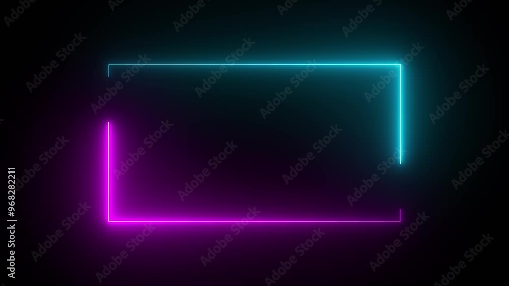 rectangular frame made of two moving neon lights overlay in black background. rectangular frame made of two moving neon lights overlay in black background.
