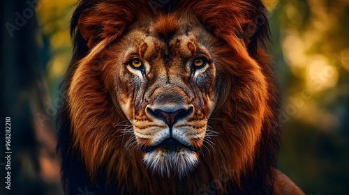 close up powerful lion with a focused, intense gaze and well defined mane, softly blurred tropical forest, bright, natural enhancing the lion s rich colors and textures