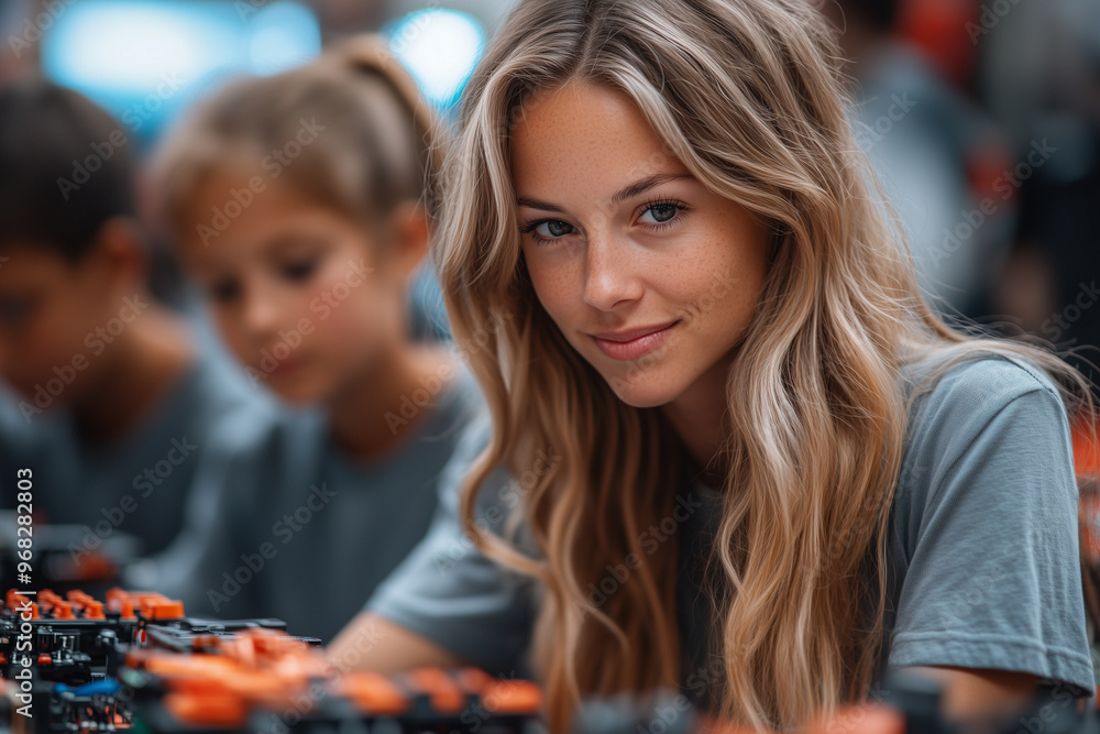 A teacher assisting students with a robotics project, helping them assemble parts. A teacher assisting students with a robotics project, helping them assemble parts.