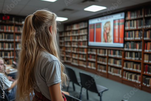 A teacher leading a class discussion on literature, with classic book covers displayed on a screen.