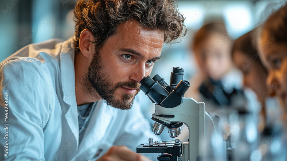 A teacher using a microscope to show students details of a biological specimen. A teacher using a microscope to show students details of a biological specimen.
