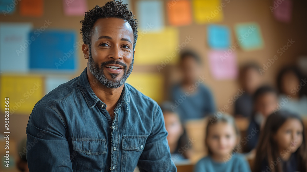 A teacher holding a parent-teacher conference in a classroom, discussing student progress. A teacher holding a parent-teacher conference in a classroom, discussing student progress.