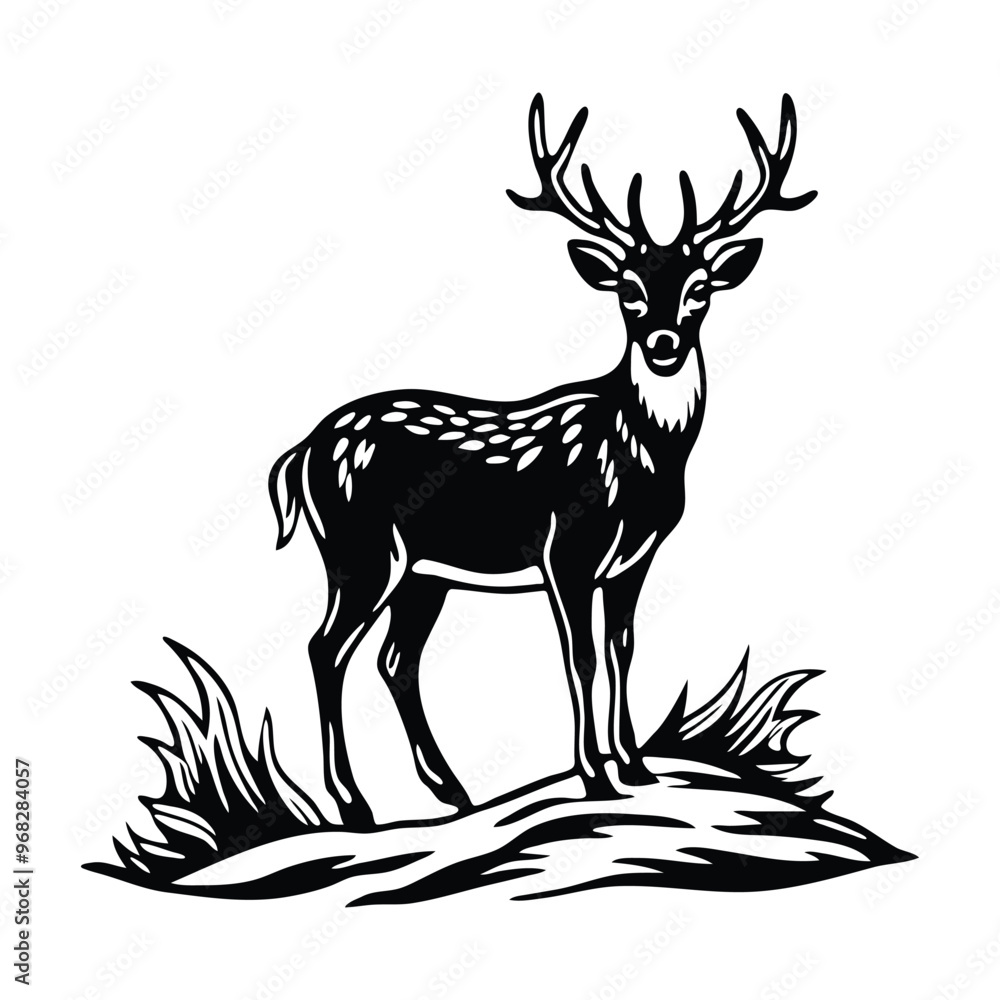 Obraz premium Deer silhouette standing on mountain in vector art