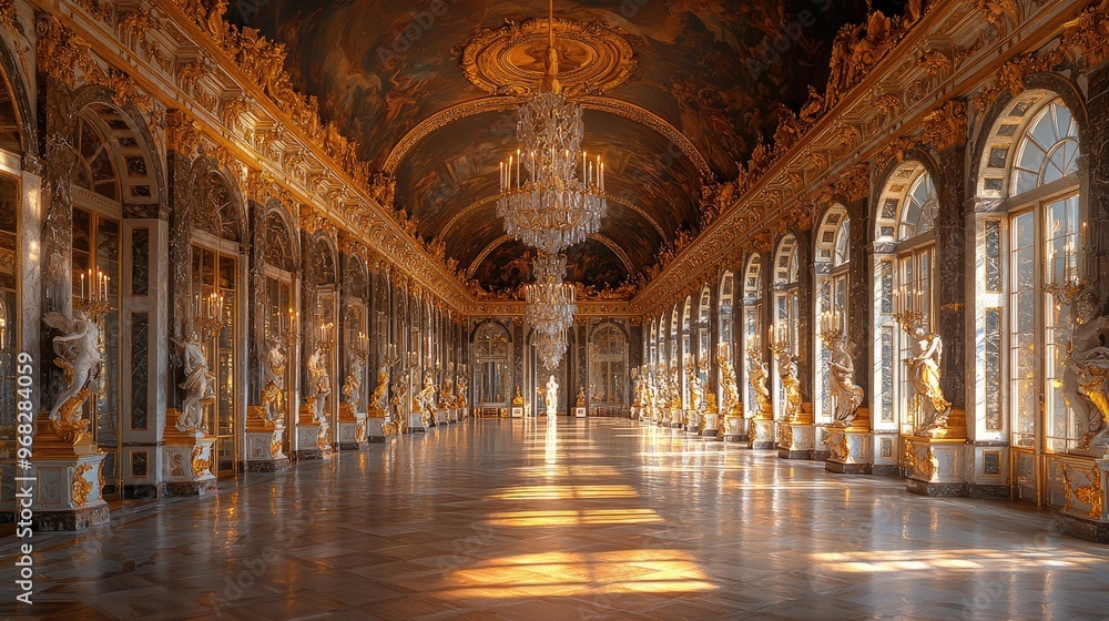 Golden Hallway With Statues and Chandeliers in a Grand Palace Golden Hallway With Statues and Chandeliers in a Grand Palace