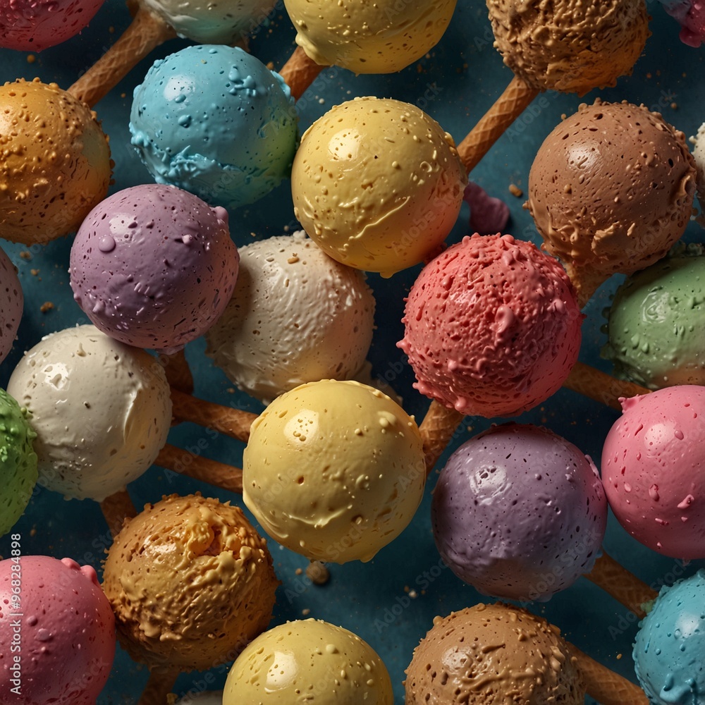 Colorful ice cream scoops arranged in a pattern with waffle cones. Colorful ice cream scoops arranged in a pattern with waffle cones.