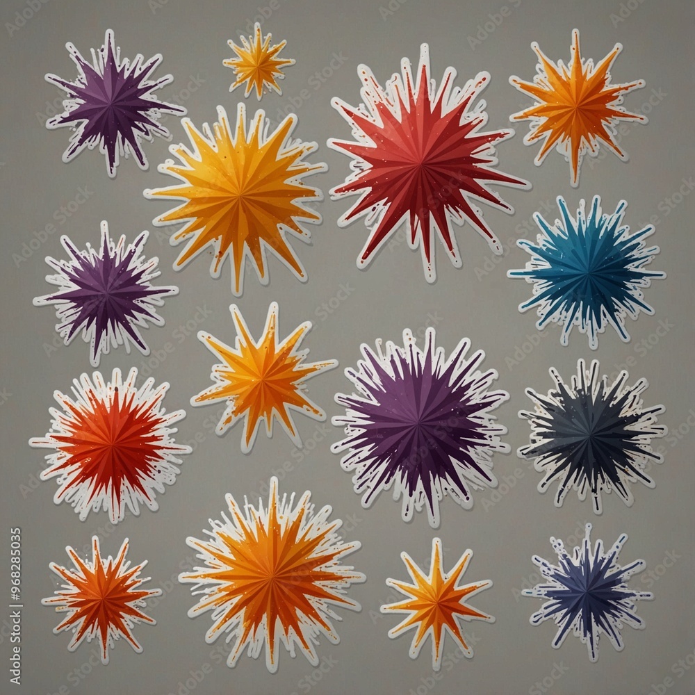 Top view of various colorful star-shaped stickers on a gray background. Top view of various colorful star-shaped stickers on a gray background.