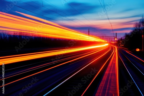 A vibrant sunset captures the dynamic motion of a train, with streaking lights illuminating the railway, creating an artistic scene.