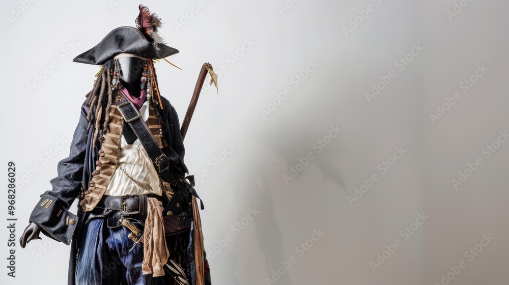 Naklejka premium Mannequin wearing buccaneer costume posing with sword and musket