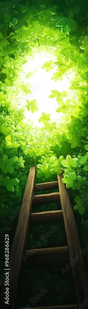 A wooden ladder leading towards a bright light through green foliage, symbolizing hope, growth, and new beginnings. A wooden ladder leading towards a bright light through green foliage, symbolizing hope, growth, and new beginnings.