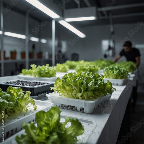 Hydroponic indoor farm with trays of lush green leafy vegetables. photo