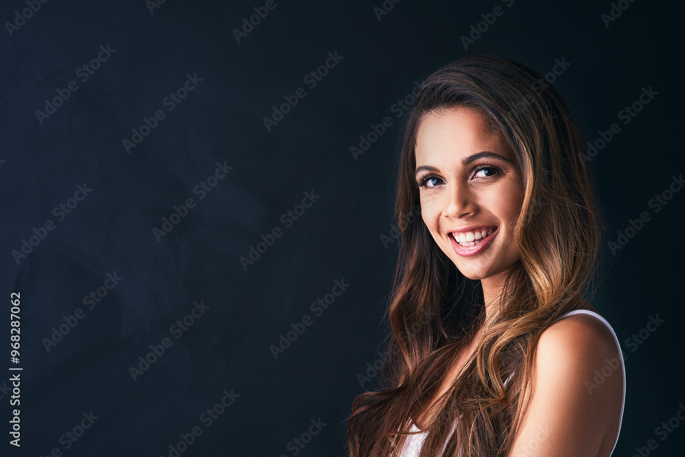 Portrait, woman and fashion with confidence, hair care or positivity on black background. Female person, style and trendy in mockup space as satisfied or casual in outfit, clothes and pride as model Portrait, woman and fashion with confidence, hair care or positivity on black background. Female person, style and trendy in mockup space as satisfied or casual in outfit, clothes and pride as model
