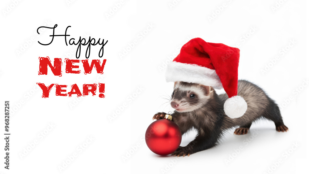 Festive Ferret in Santa Hat Holding a Red Christmas Ornament with Happy New Year Text Festive Ferret in Santa Hat Holding a Red Christmas Ornament with Happy New Year Text