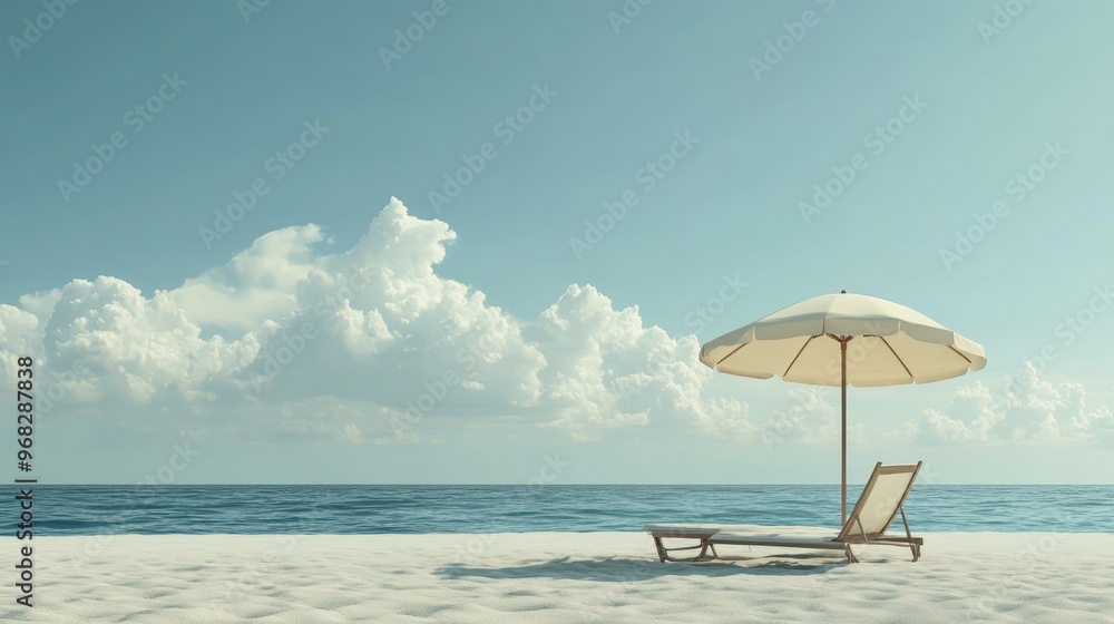 Obraz premium A beach umbrella and lounge chair set up on a quiet sandy beach, with the ocean stretching out to the horizon.